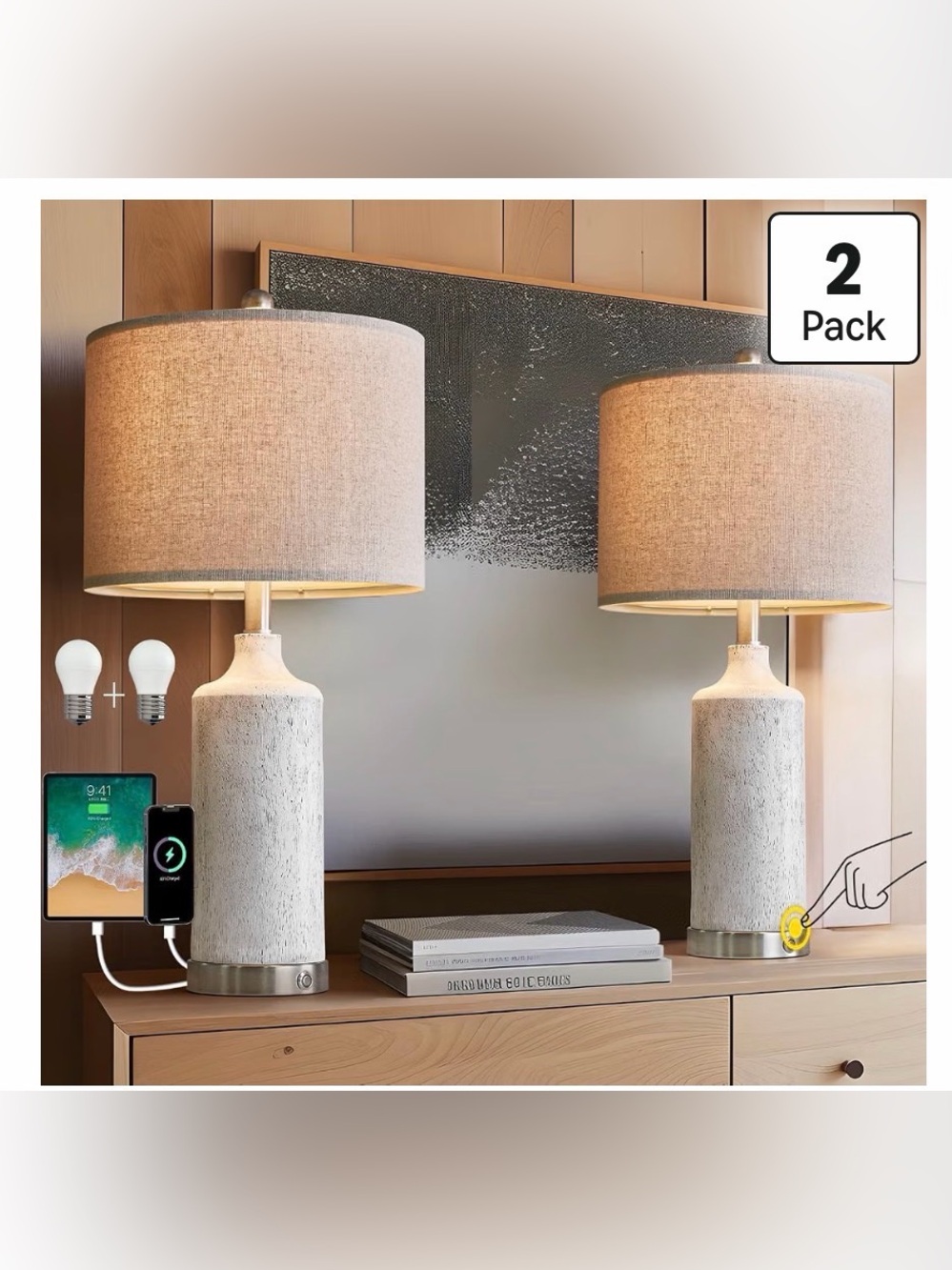 NWT* - *Set of 2* Vintage Washed White Bedside Nightstand Lamps.